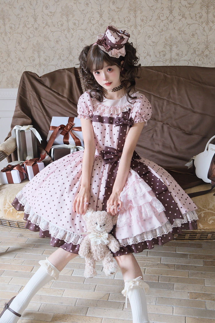 Canelé Gift Box Round Collar Short-Sleeve Polka Dot Ruffle Open Bow Asymmetric Lolita Dress