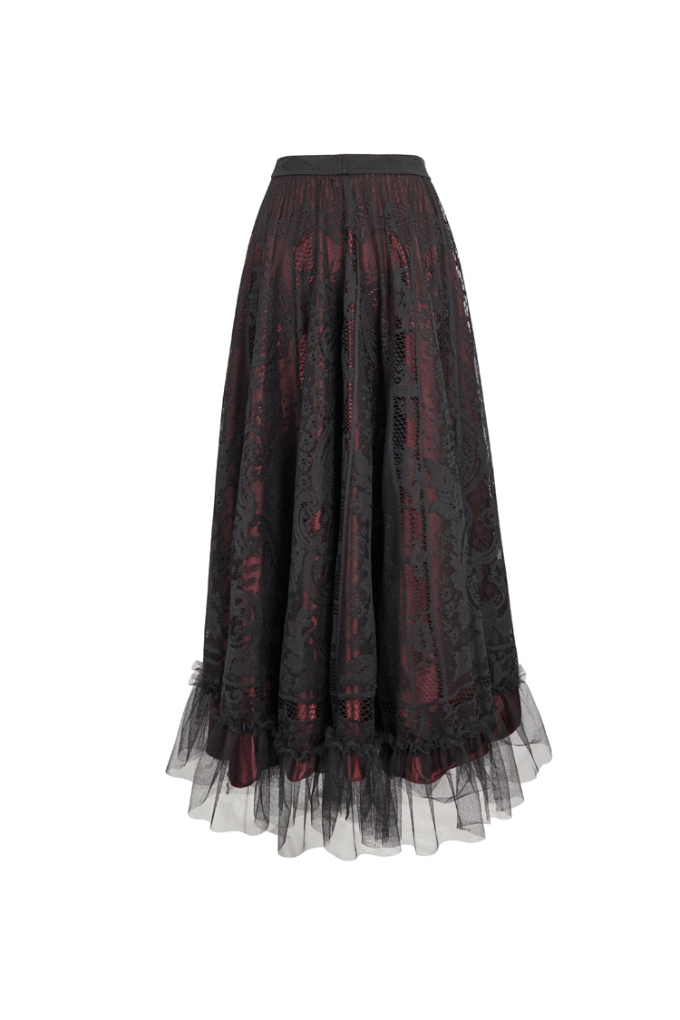 Crimson Noir Lace Flower Mesh Paneled Ruffle Swing Gothic Skirt
