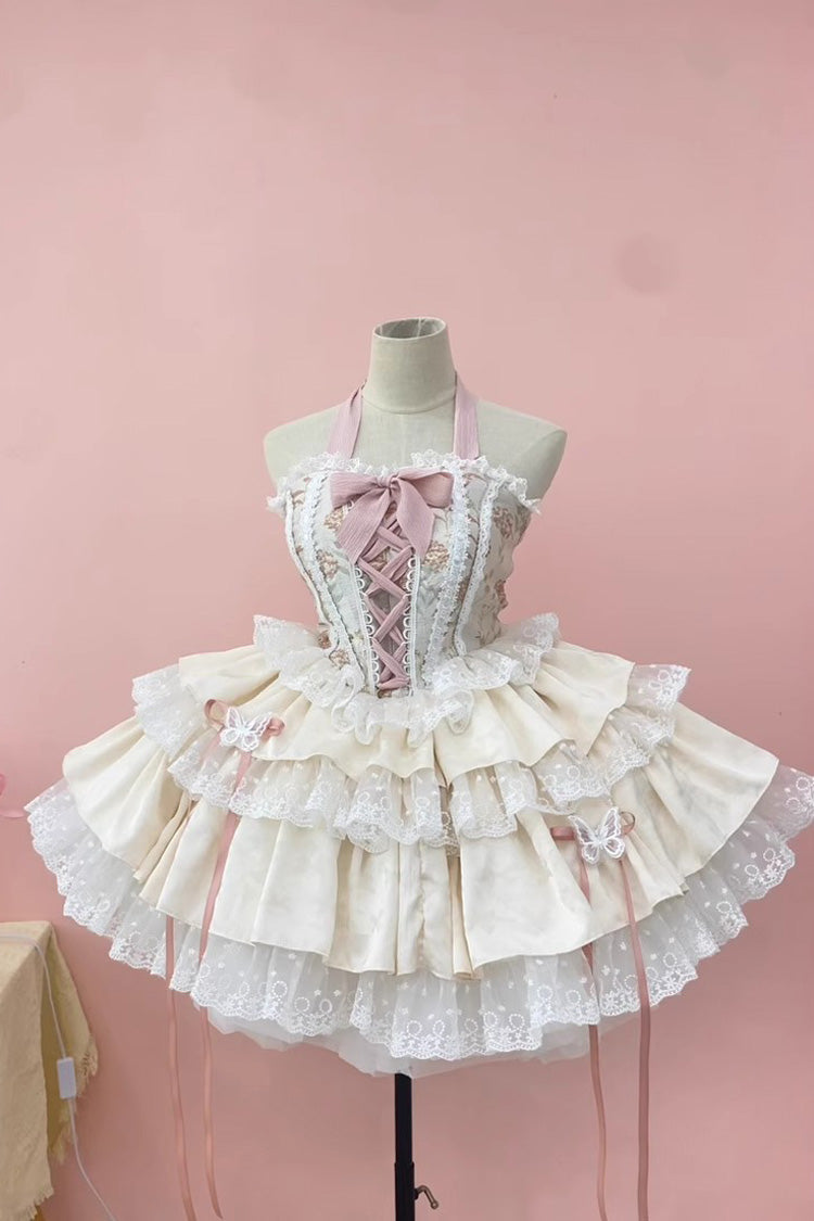 Sweet Lolita Jsk Skirt Set with Ballet Style Fishbone Lace Ruffle Bowknot in 2 Colors