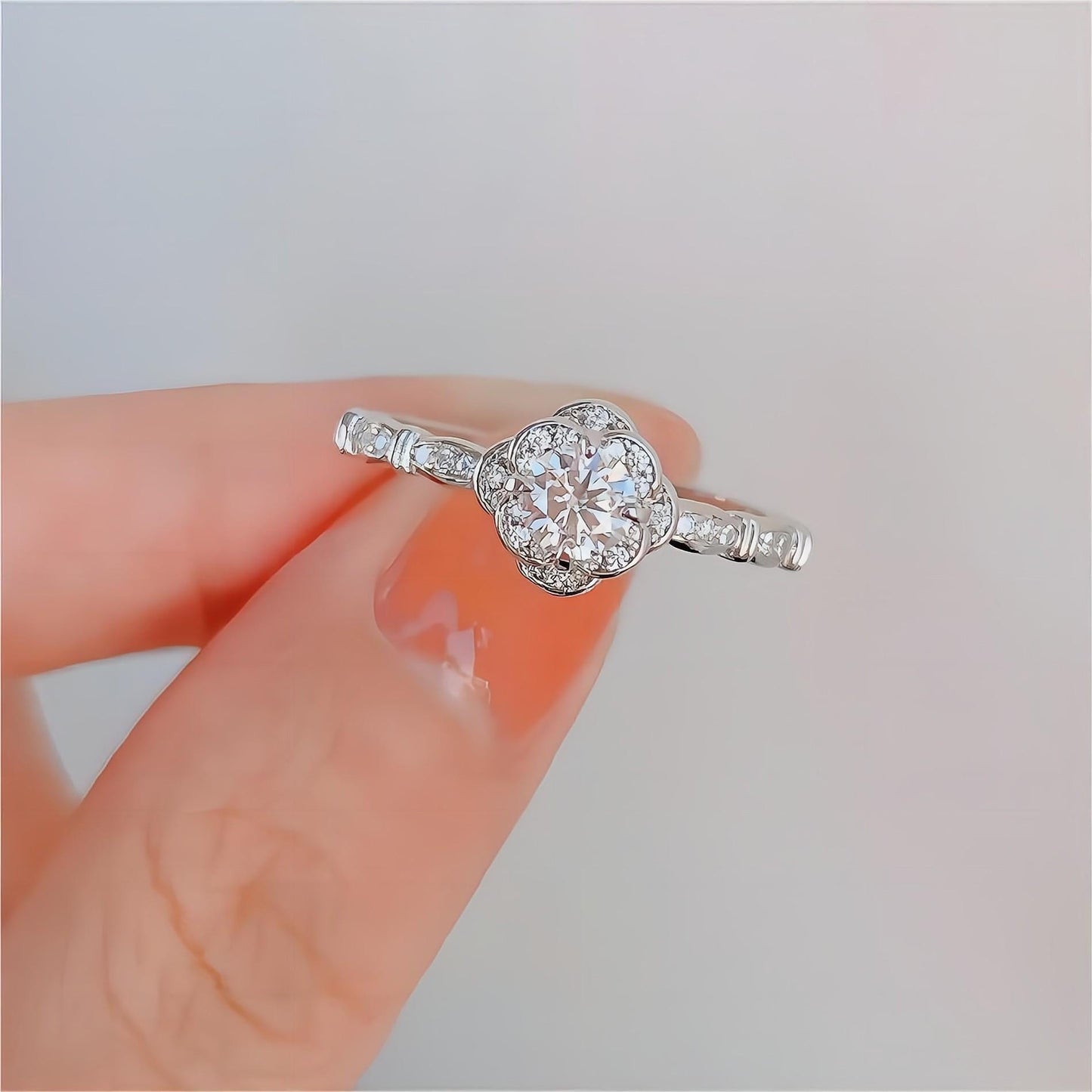 Silver Floral Moissanite Diamond Ring