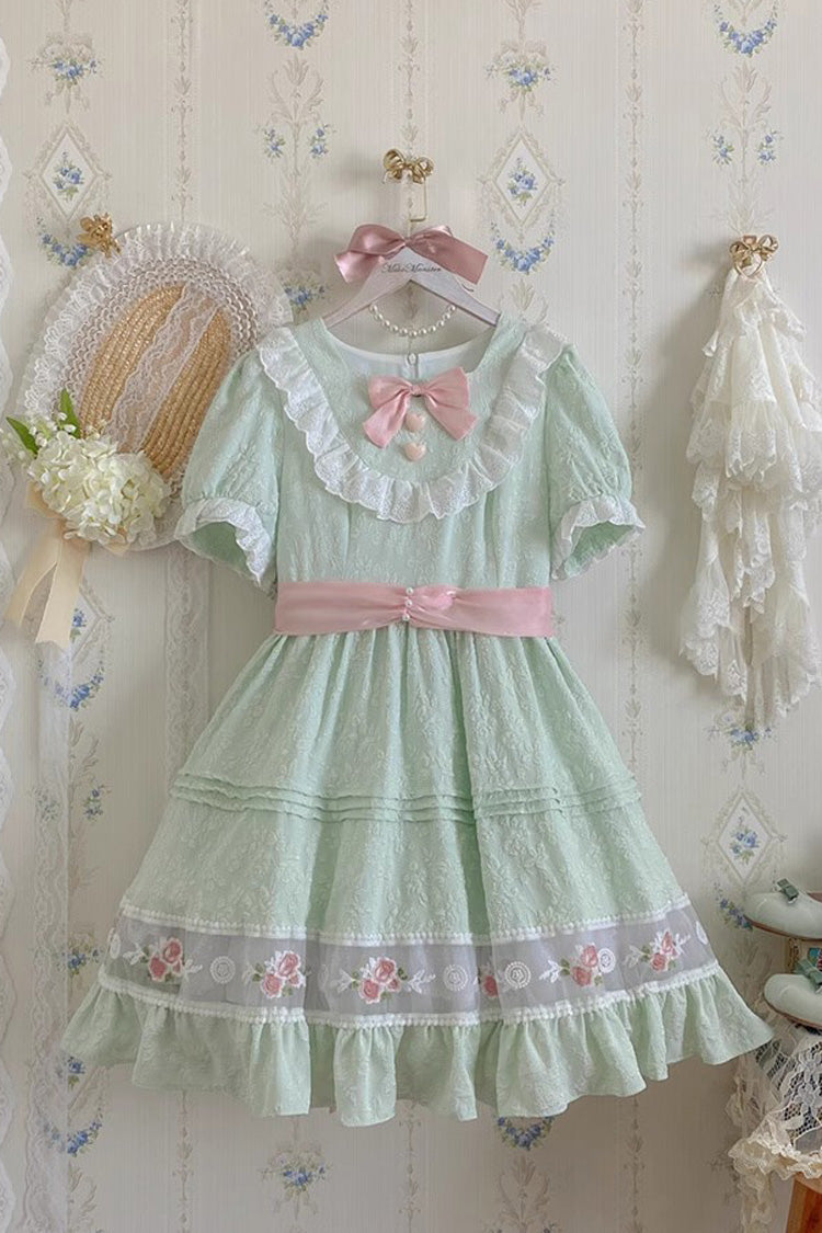 Emerald Short Sleeve Rose Print Ruffle Bow Sweet Lolita Dress