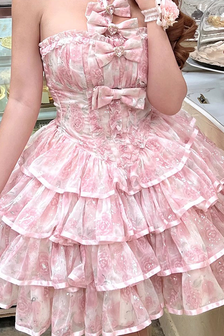 Broken Silver Rose Halterneck Tiered Dress, Multi-Layered Ruffle Bowknot Princess
