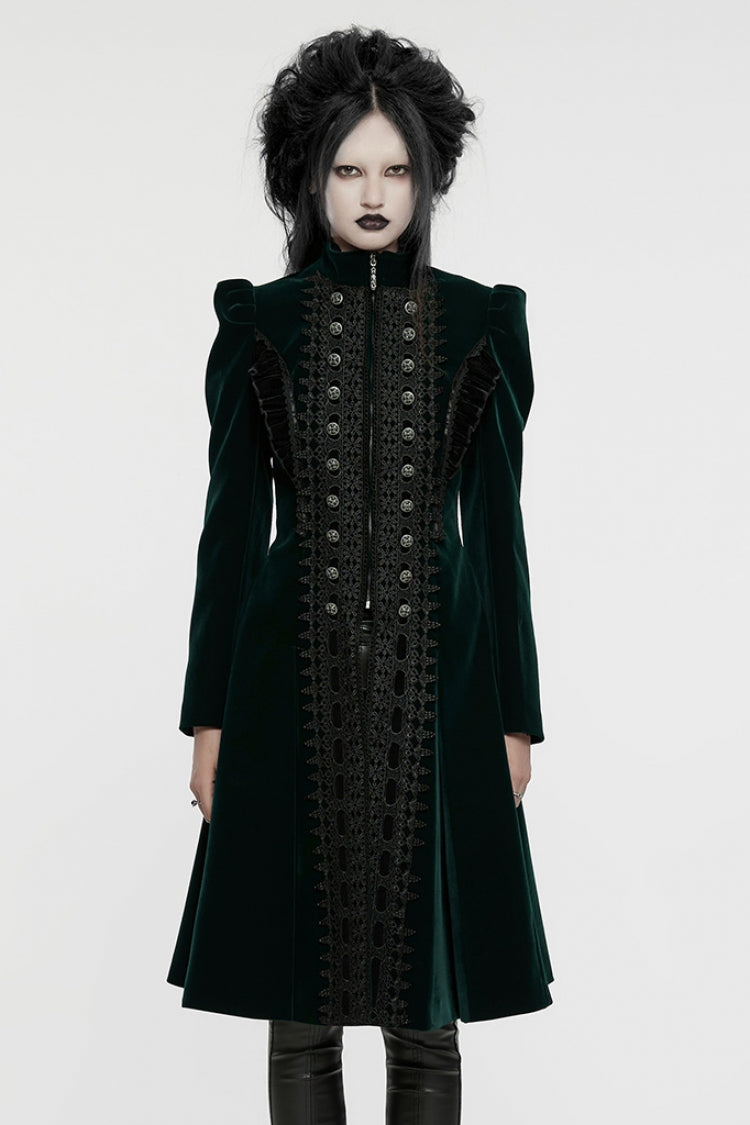 Crimson Noir Floral Embroidered Puff-Sleeve Women's Gothic Overcoat