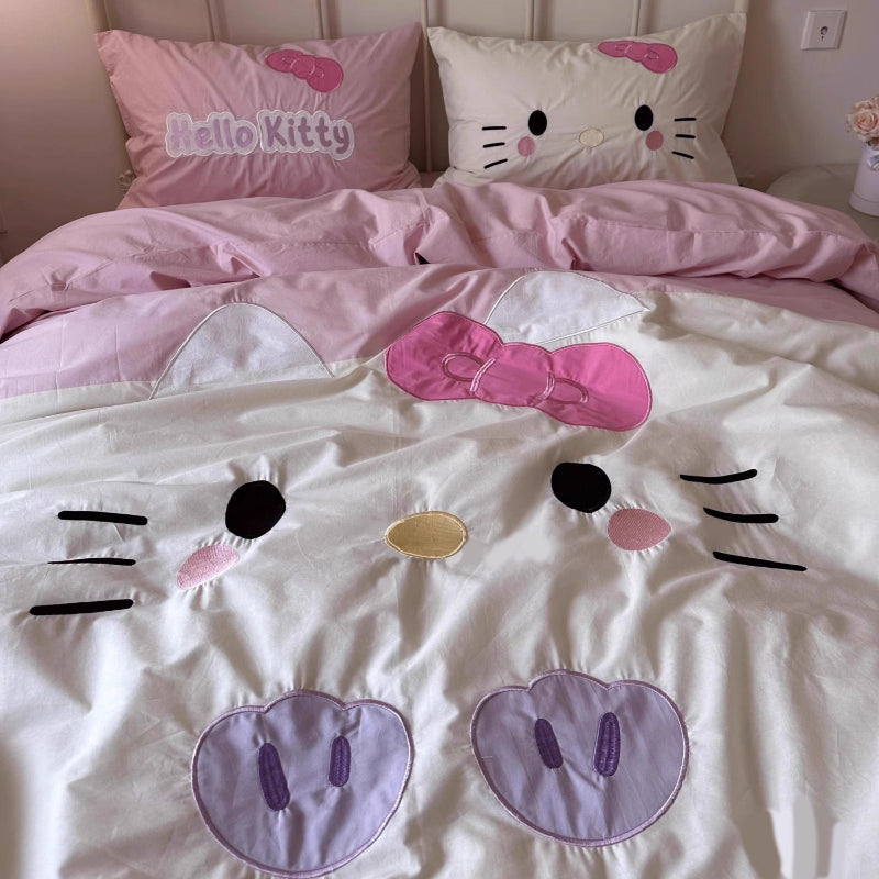 Parure de lit avec draps et cœurs à motif de chat de dessin animé KI538