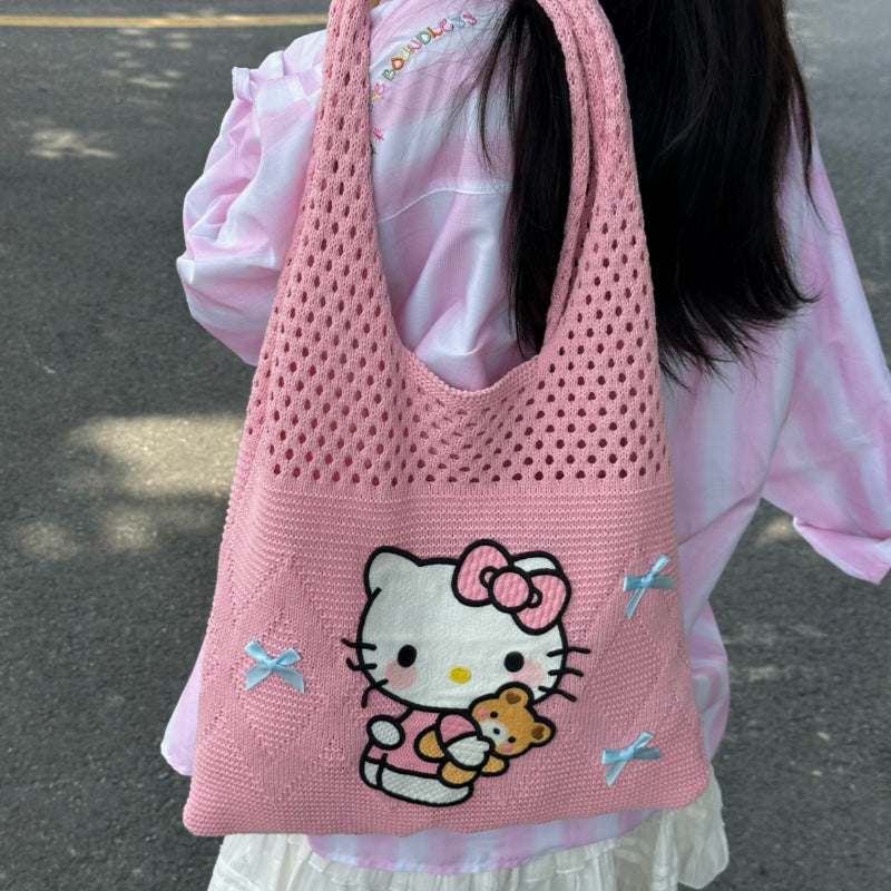 Pink Kitty Milk Blue Bow Knitted Tote Bag KI535