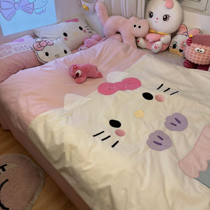 Parure de lit avec draps et cœurs à motif de chat de dessin animé KI538