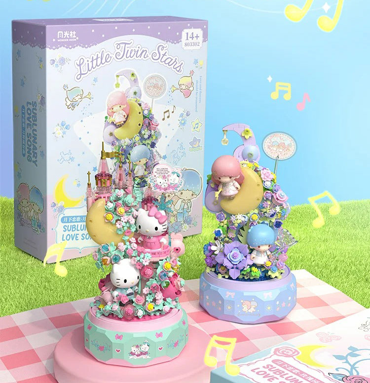 Moonlight Flowers Kitty Building Block Music Box