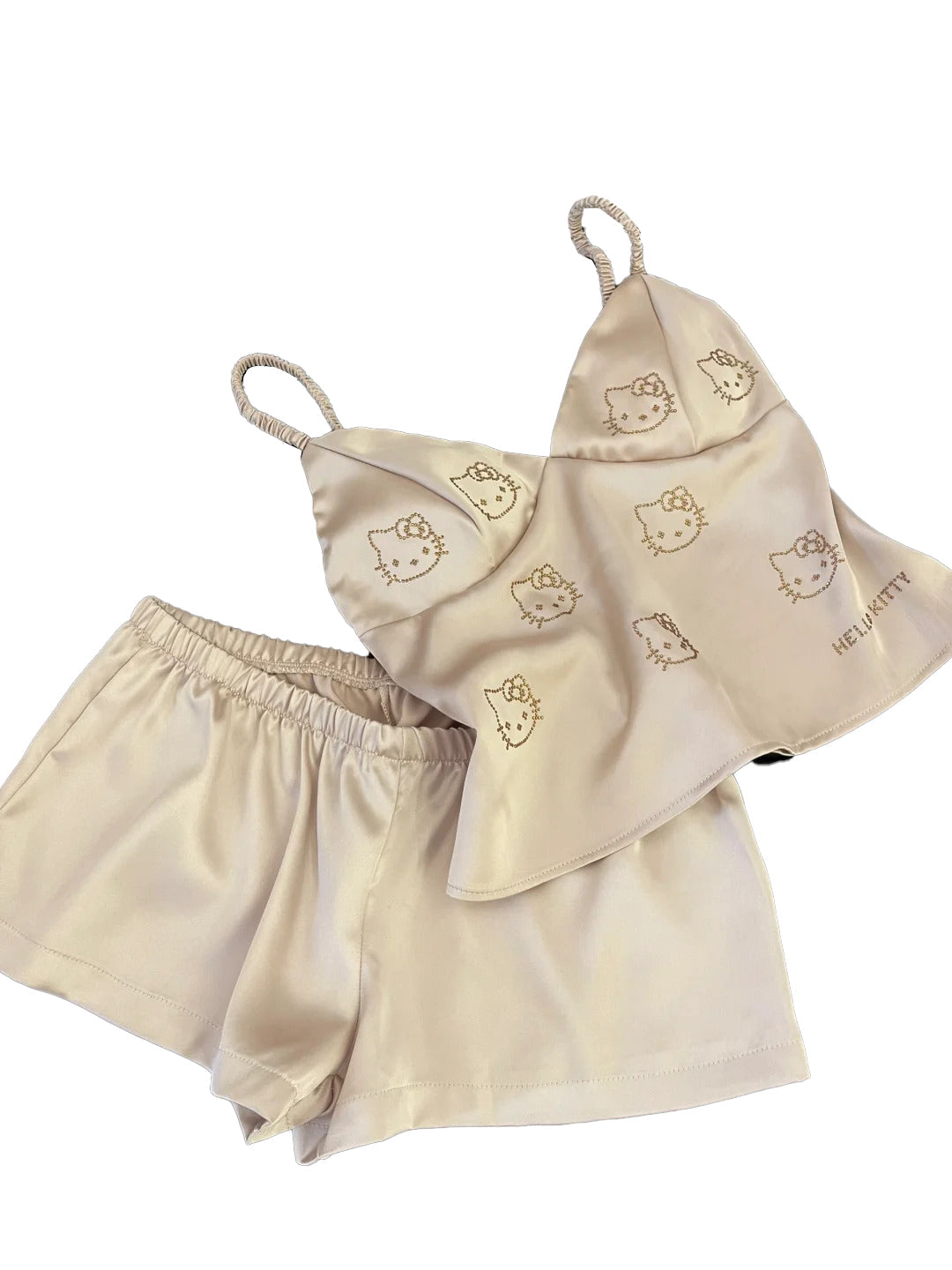 Kitty Champagne Satin Pajama Set 2 Piece Silky Lingerie Sleepwear Camisole Pj Shorts Set Soft Nightwear