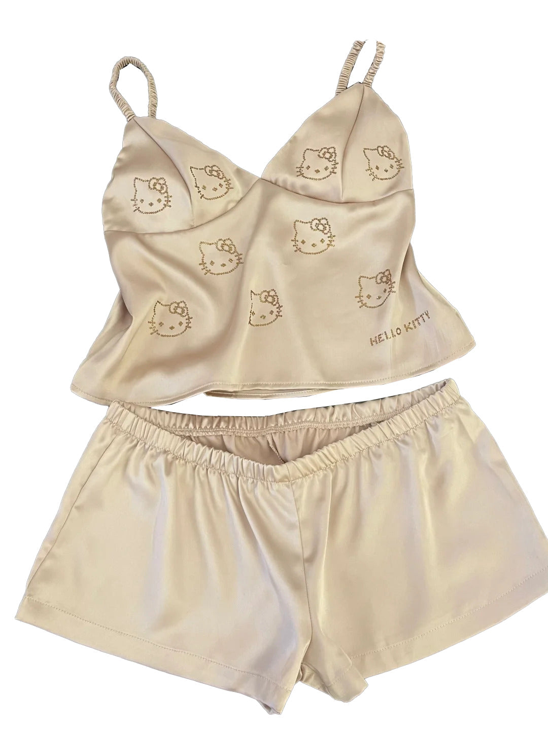 Kitty Champagne Satin Pajama Set 2 Piece Silky Lingerie Sleepwear Camisole Pj Shorts Set Soft Nightwear