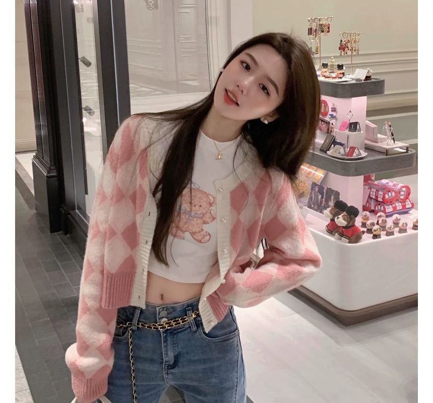 Argyle Cropped Crewneck Sweater