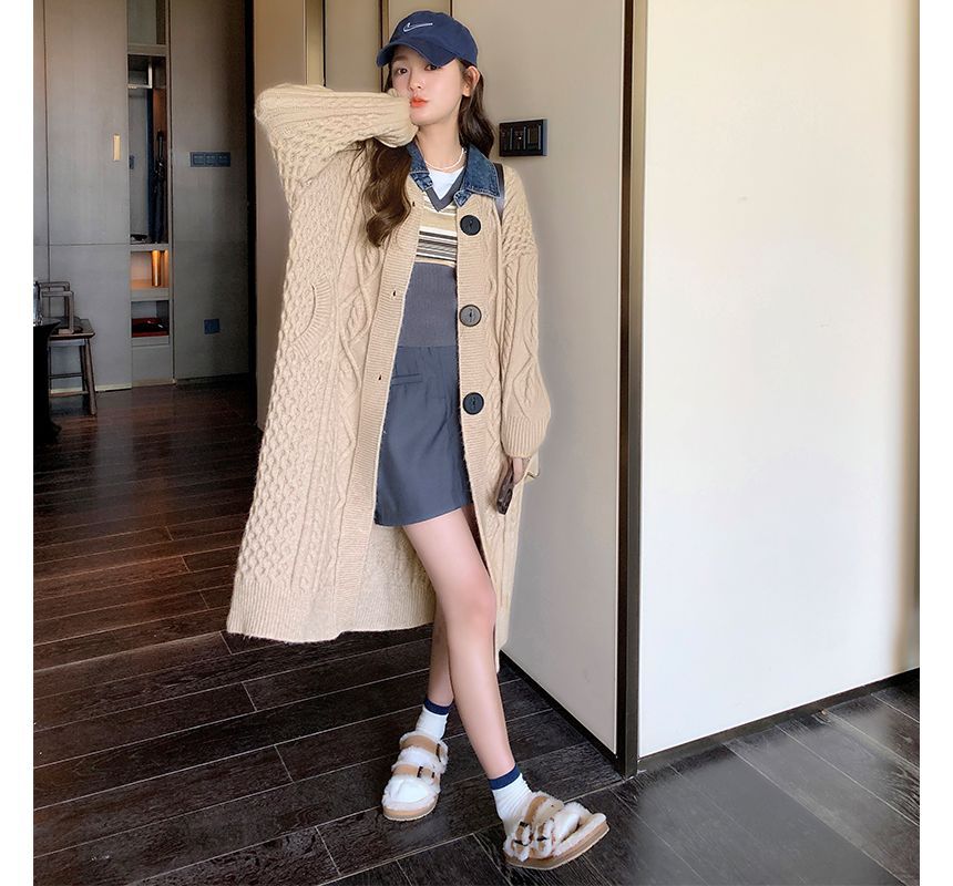 Denim-Collar Knit Jacket Cardigan