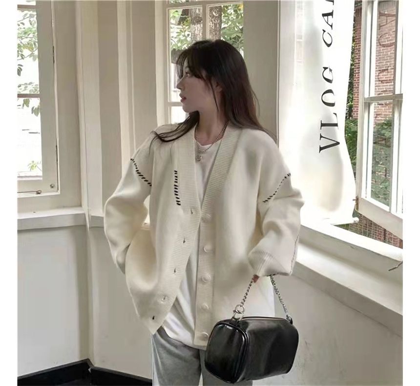 V-Neck Contrast Stitch Button-Up Knit