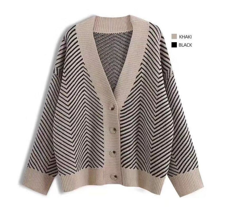 V-Neck Herringbone Contrast Trim Button-Up Sweater
