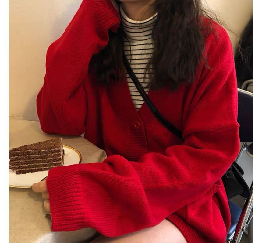 Oversized V-Neck Plain Cardigan