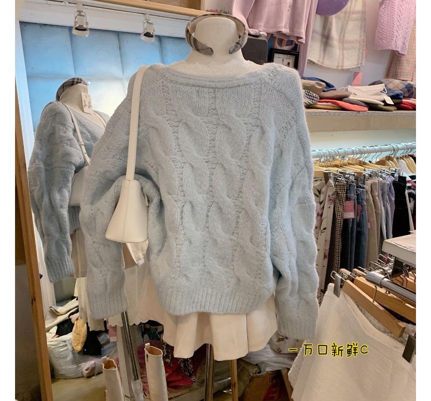 Cable Knit V-Neck Oversized Cardigan and Lace Top