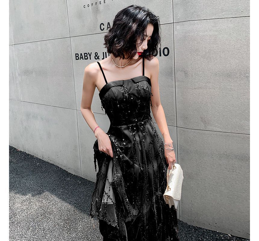 Sequined Fringed A-Line Cocktail Dress with Thin Straps