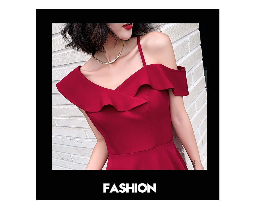 Asymmetric Ruffled A-Line Cocktail Dress with Thin Straps