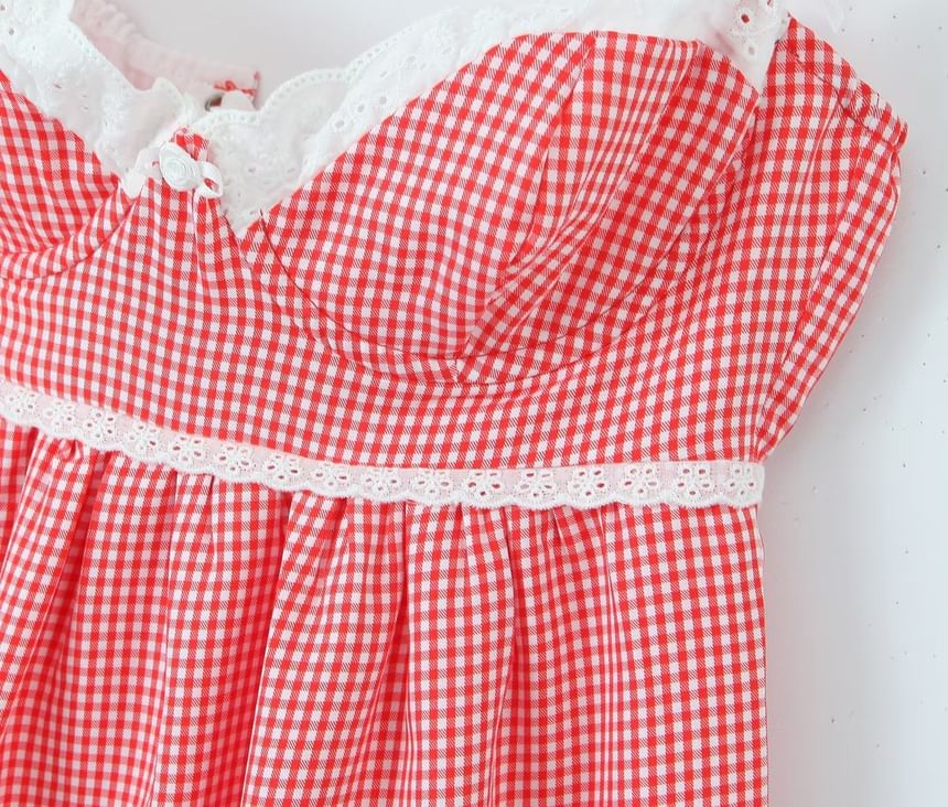 Plaid Lace Trim Mini A-Line Dress with Thin Straps