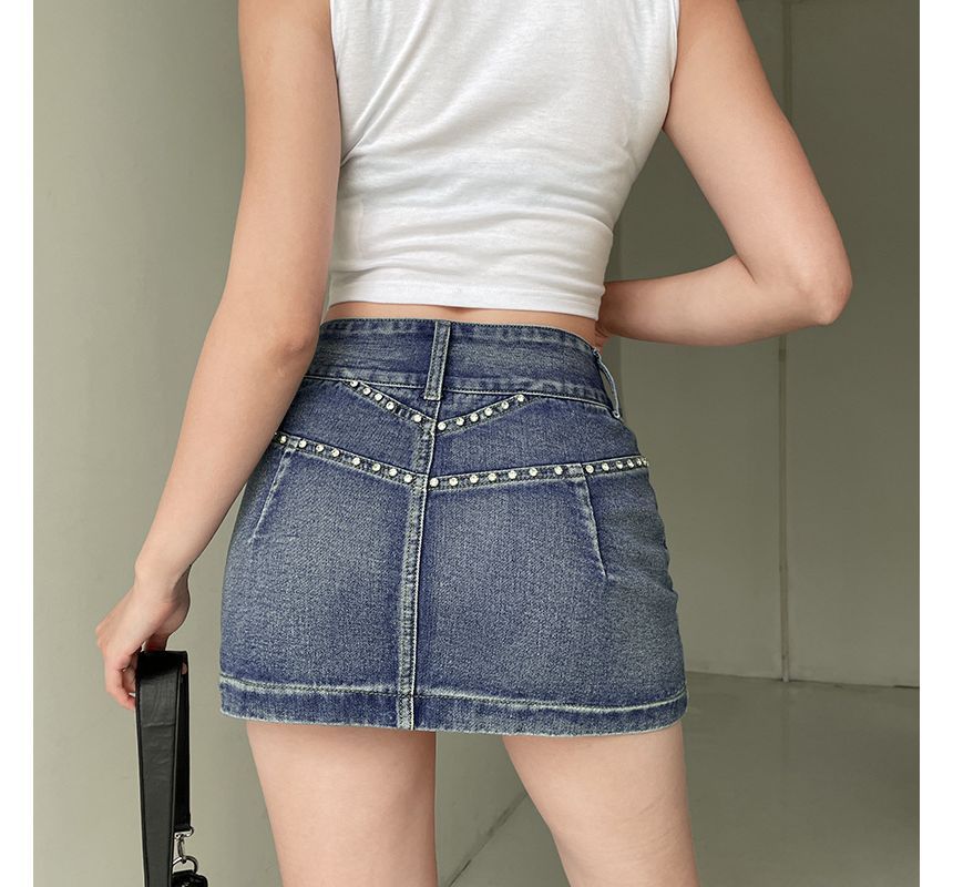 Mid Waist Studded Denim Mini Skirt