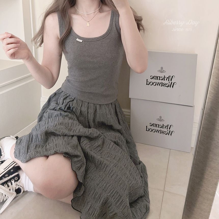 Elevated Rise Plaid Shirred A-Line Midi Skirt