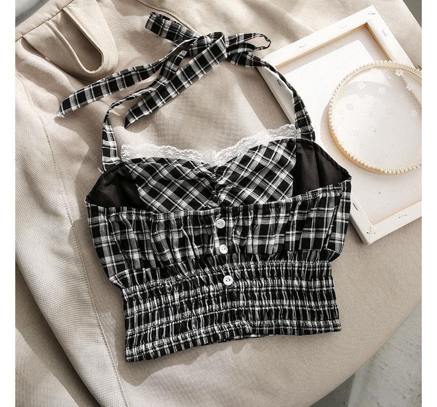 Halter Plaid Smocked Lace-Trim Crop Top