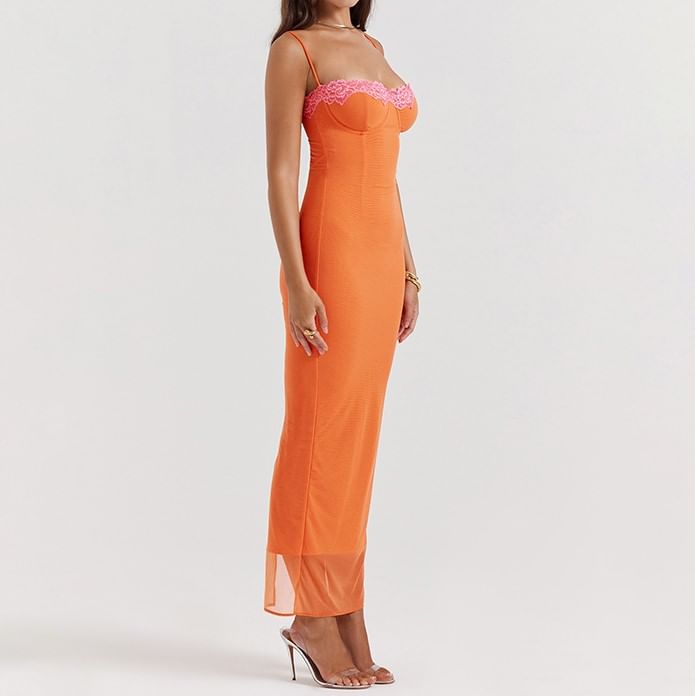 Lace Trimmed Bodycon Maxi Dress - Thin Straps