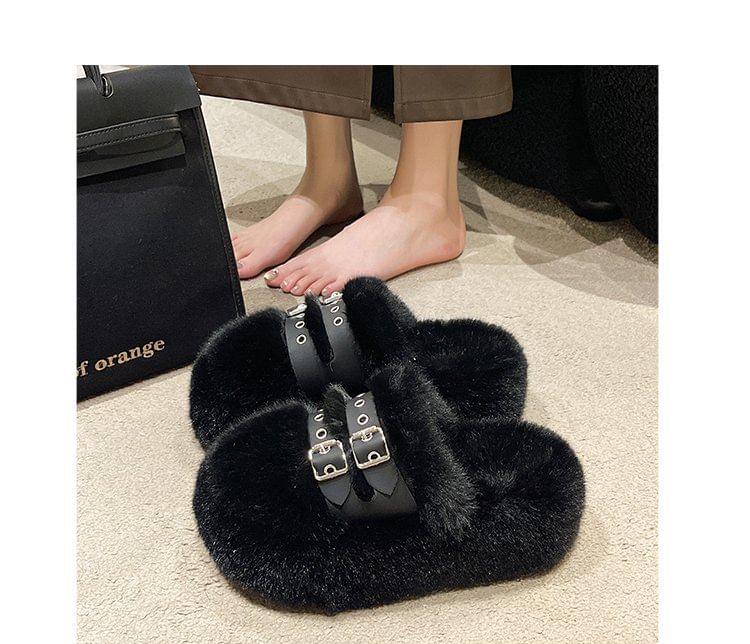 Fleece Buckled Platform Sandals