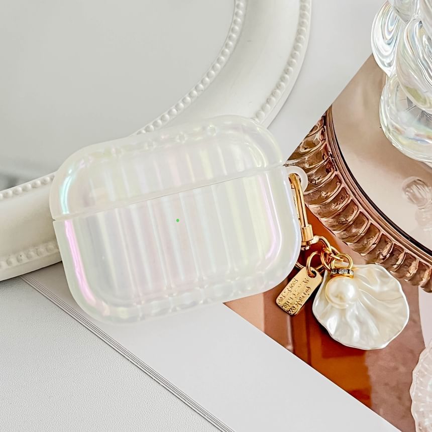 Stripe Texture Pearl White AirPods / Pro Earphone Case Skin With Shell Charm