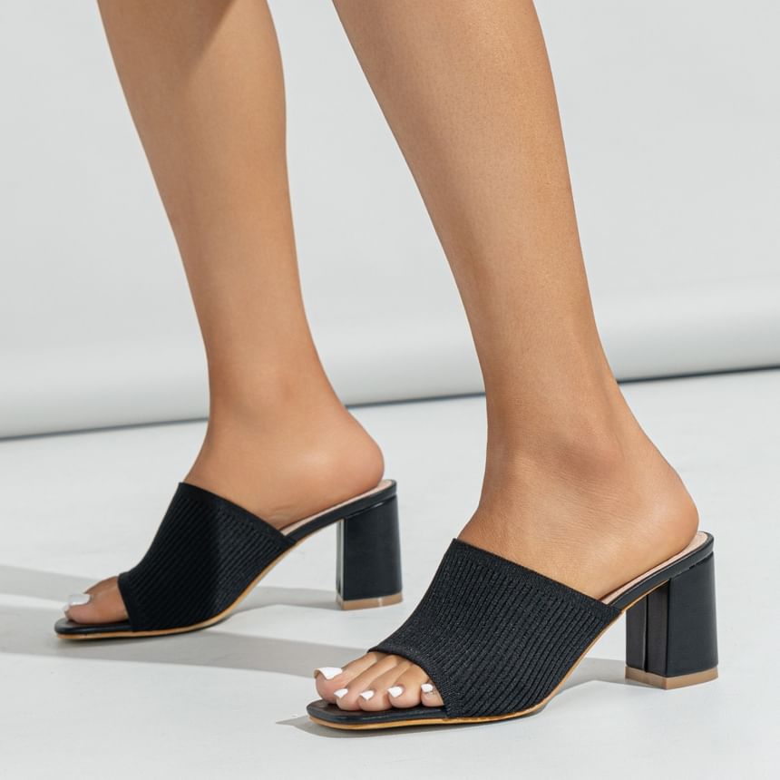 Square Toe Knit Slide Sandals Chunky Heel