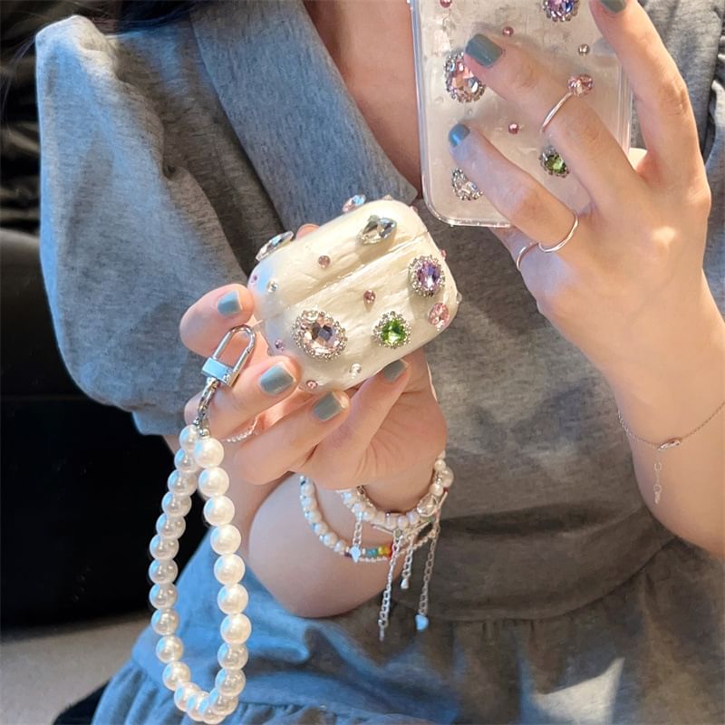 Rhinestone AirPods / Pro Earphone Case Skin / Faux Pearl Strap / Set