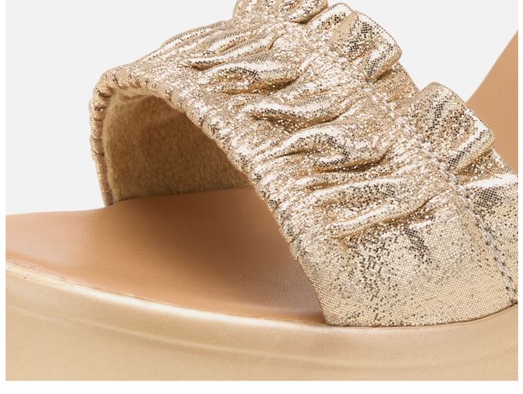Chunky Heel Ankle Strap Glitter Ruched Sandals