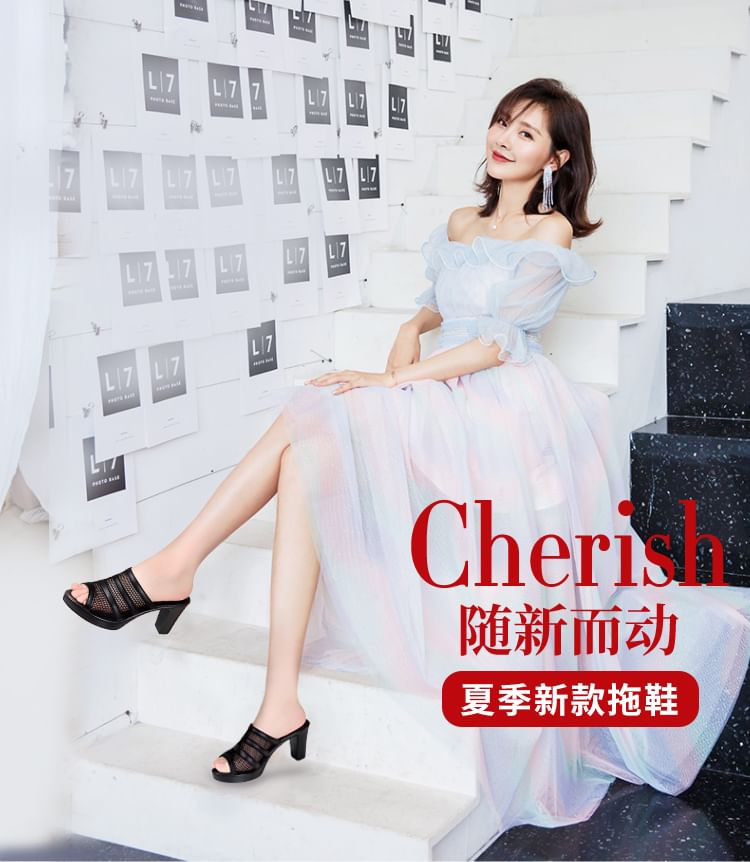 Mesh Chunky Heel Slide Sandals (Various Designs)