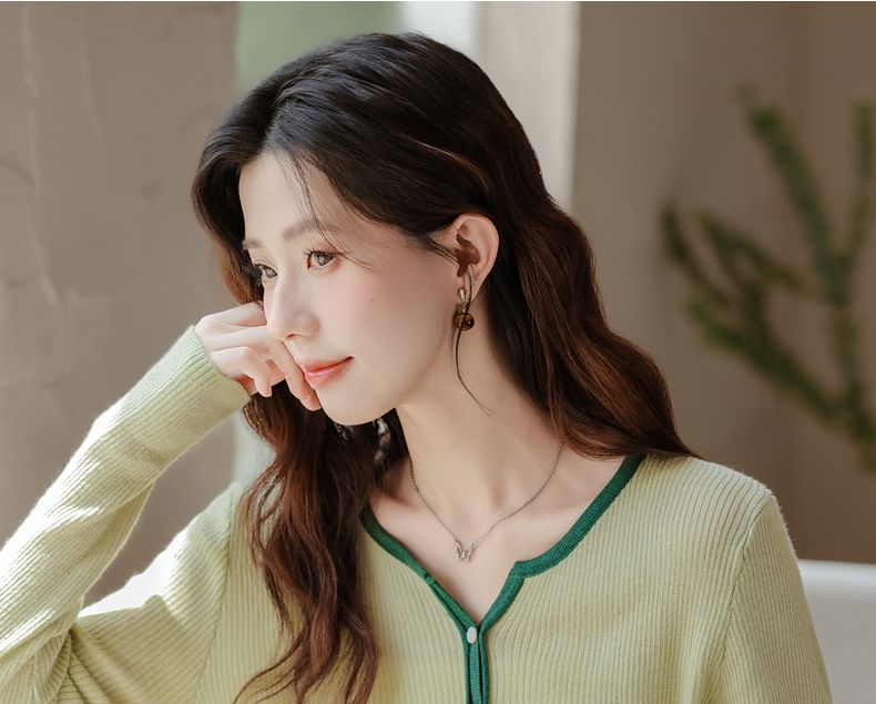 Notch Neck Contrast Trim Ribbed Button-Front Sweater