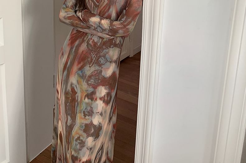 Scoop Neck Tie-Dye Long-Sleeve A-Line Maxi Dress