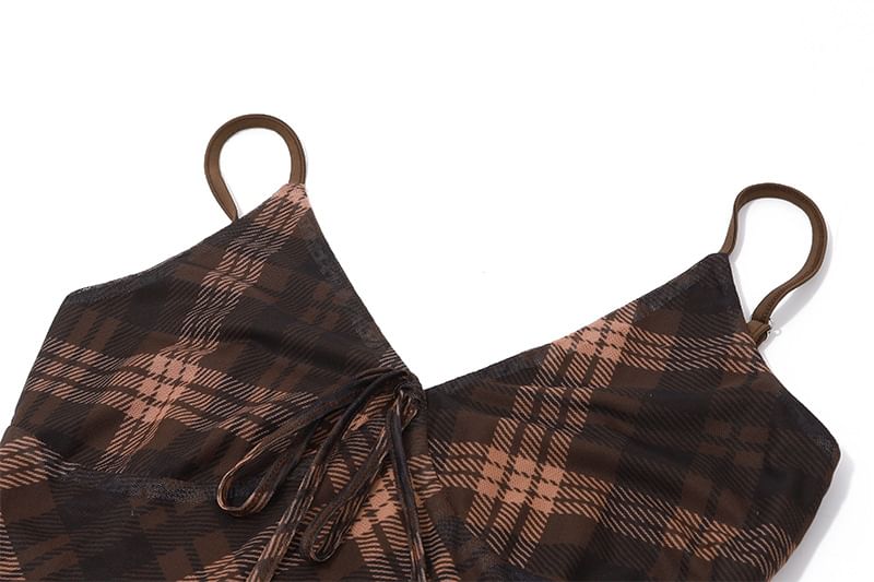 V-Neck Spaghetti Strap Plaid Bodycon Maxi Dress