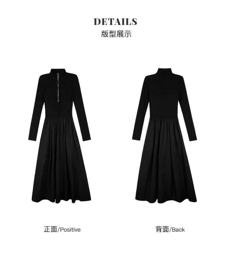 Half Zip Knit Long-Sleeve A-Line Maxi Dress