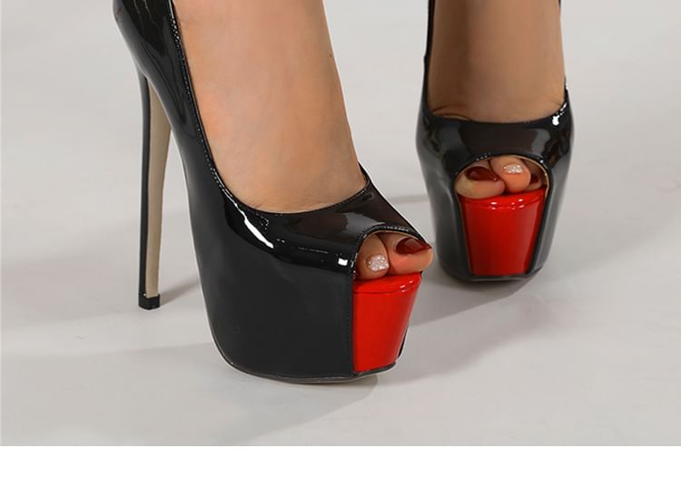 Stiletto Peep Toe Two Tone Patent Leather Sandals