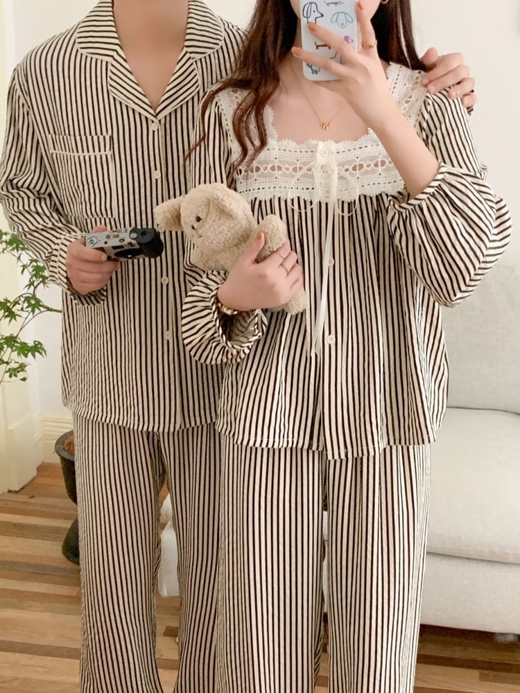 Couple Matching Long-Sleeve Striped Button Pajama Top / Pants / Square Neck Midi Sleep Dress / Set (Various Designs)