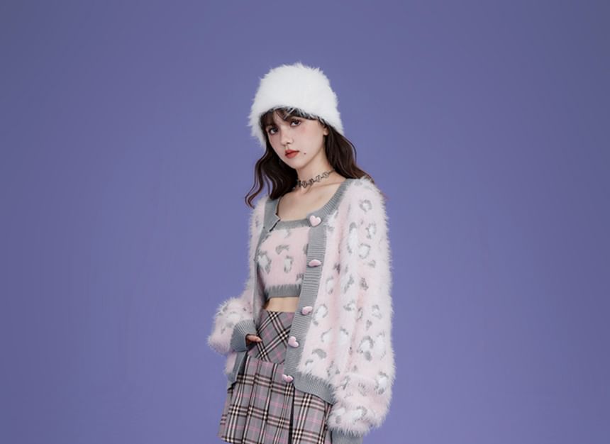 Round Neck Leopard Fluffy Cardigan Set