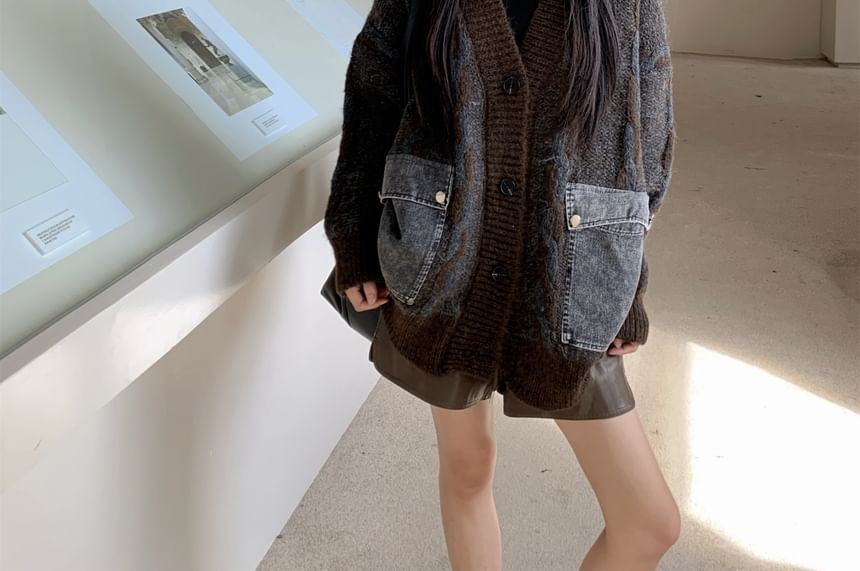 Denim Trim Cable Knit Oversized Button-Up Cardigan