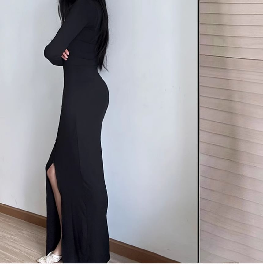 Button Down Bodycon Maxi Dress, Scoop Neck Long Sleeve