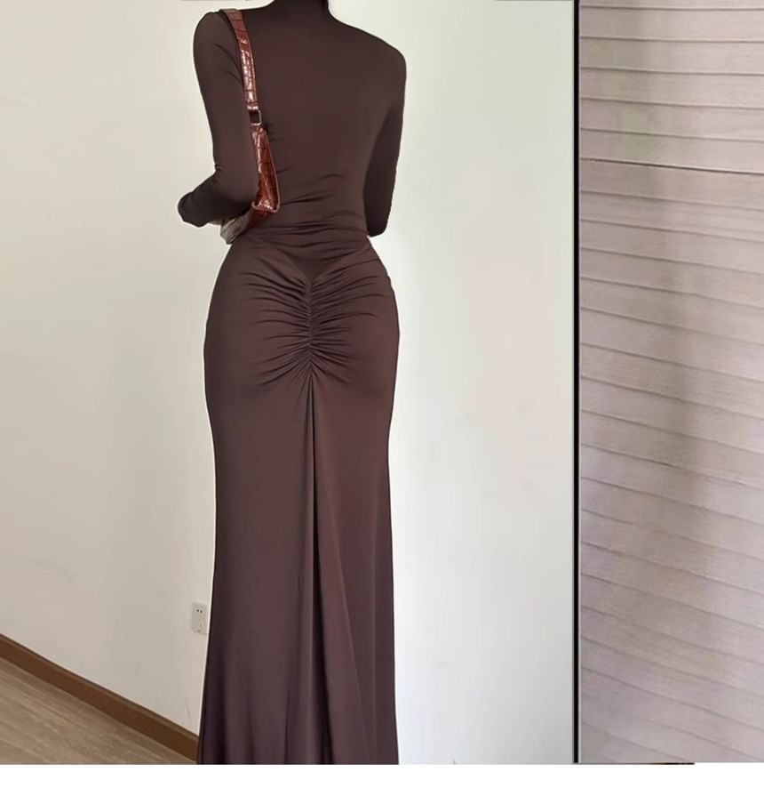 Ruched Slit Turtleneck Maxi Dress, Long Sleeve