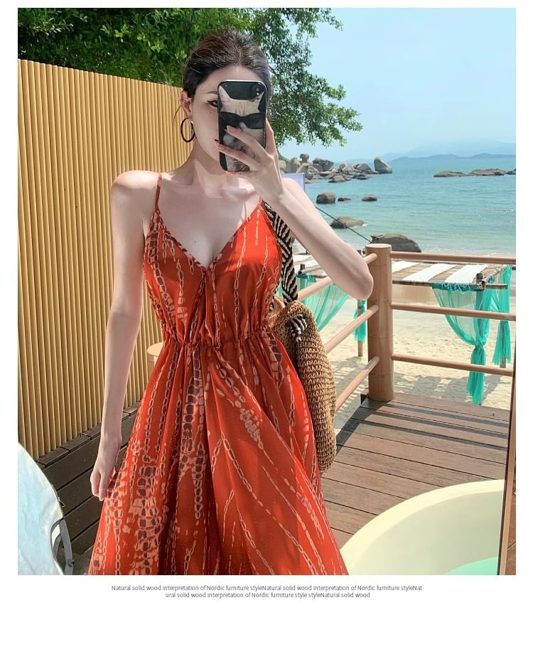 V-Neck Tie Dye High Low Open Back A-Line Dress