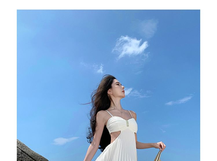 V-Neck Rhinestone Cutout Pleated Maxi A-Line Dress