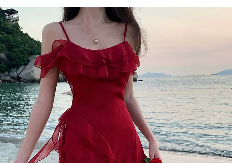 Cold Shoulder Scoop Neck Maxi A-Line Dress with Ruffle Trim