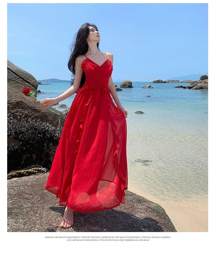 V-Neck Ruffle Open Back Ruched Maxi A-Line Dress