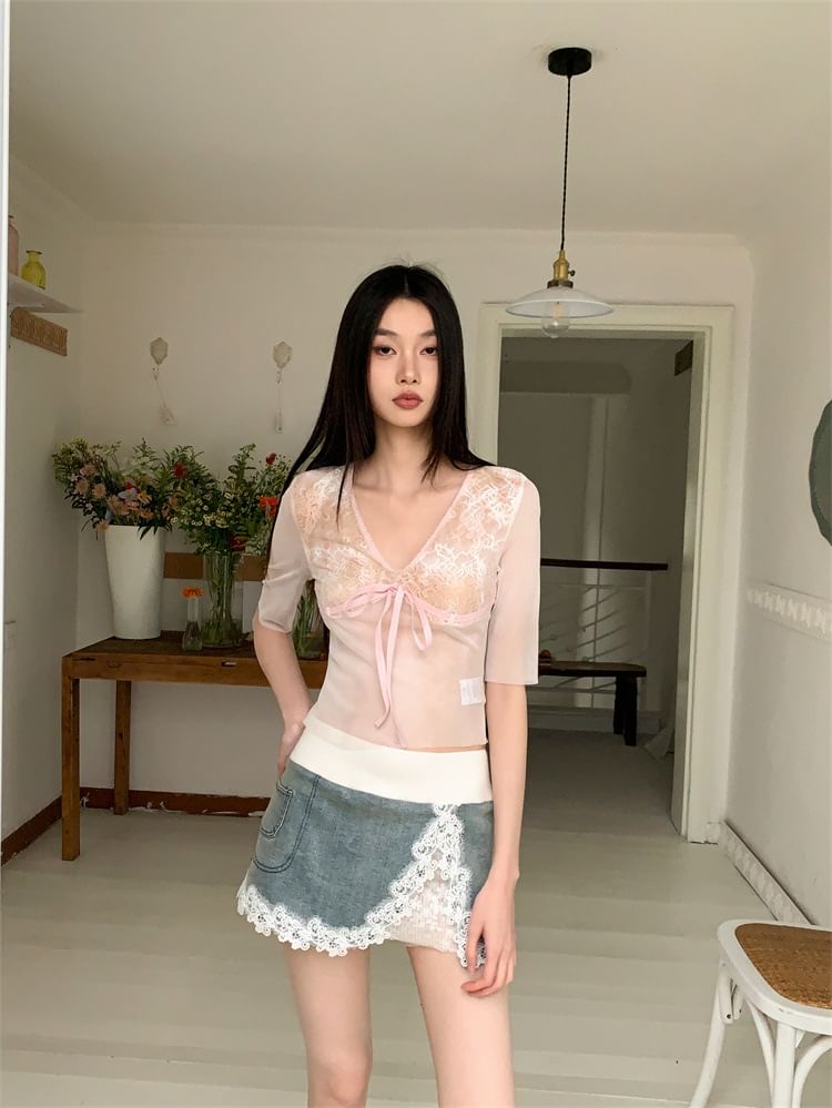 Lace Panel Slim Top and Low Waist Pencil Skirt Set