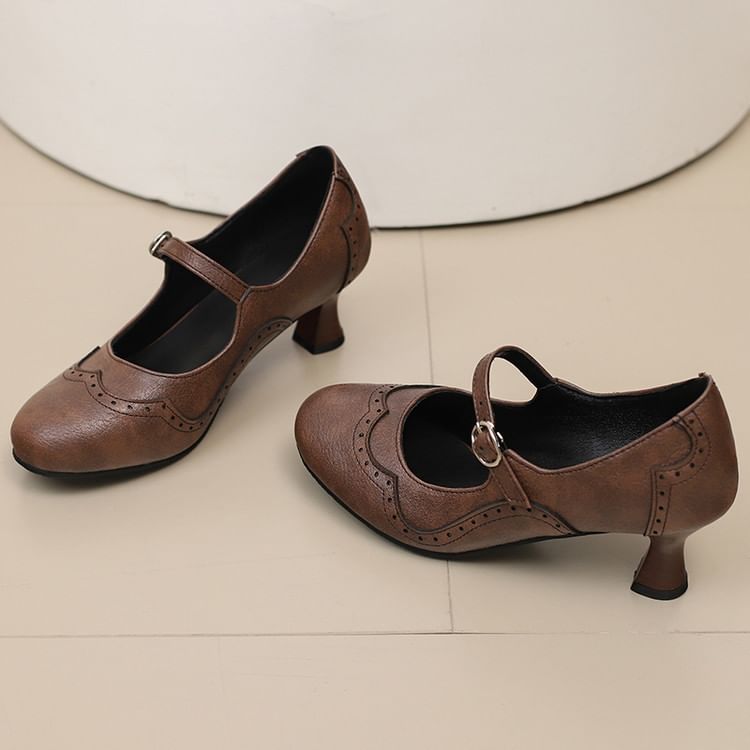 Faux Leather Low Heel Mary Jane Pumps