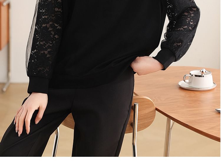 Long-Sleeved Lace Panel Frill Pullover