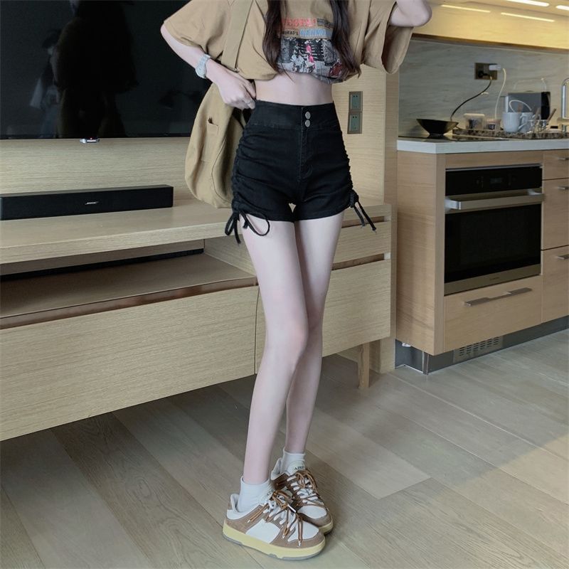High Waist Washed Denim Drawstring Shorts